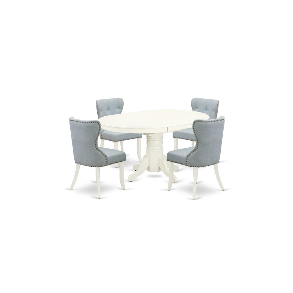 East-West Furniture AVSI5-LWH-15 - A dining room table set of 4 excellent parson chairs with Linen Fabric Baby Blue color and a gorgeous 18" butterfly leaf oval pedestal kitchen table with Linen White. Picture 1