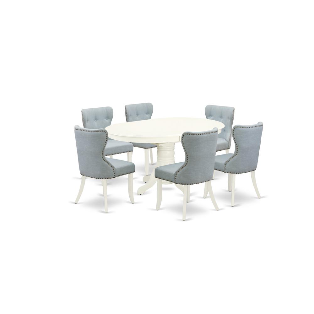 East-West Furniture AVSI7-LWH-15 - A dining set of 6 great dining room chairs with Linen Fabric Baby Blue color and a fantastic 18" butterfly leaf oval wooden dining table with Linen White color. Picture 1