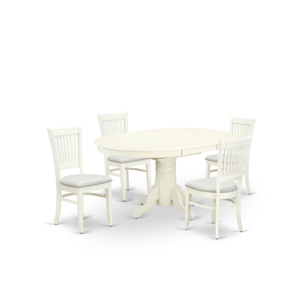East West Furniture - AVVA5-LWH-C - 5-Pc Dinette Room Set- 4 Mid Century Dining Chairs with Linen Fabric Seat and Slatted Chair Back - Butterfly Leaf Wood Dining Table - Linen White Finish. Picture 1