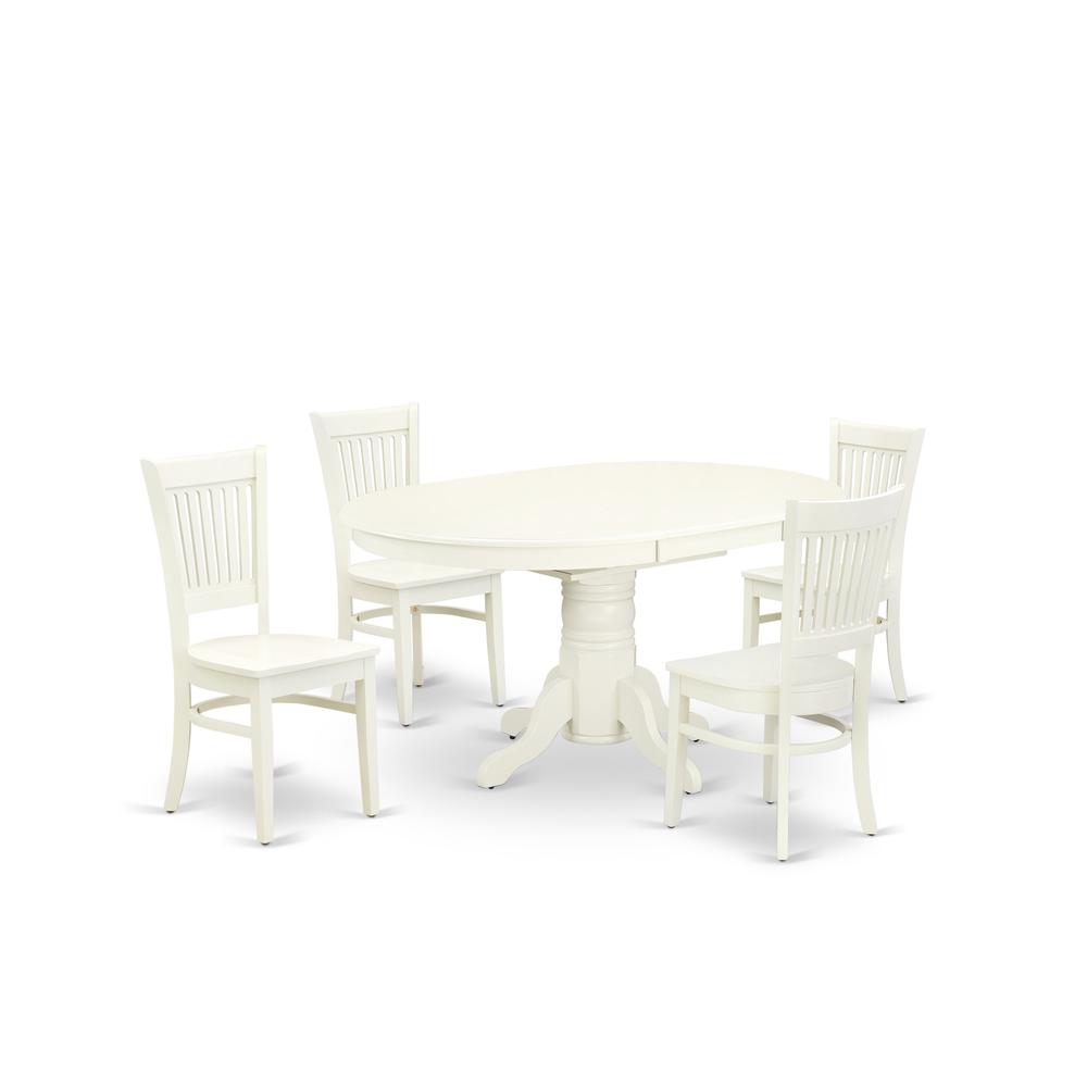 East West Furniture - AVVA5-LWH-W - 5-Piece Modern Dining Set- 4 Mid Century Chair with Wooden Seat and Slatted Chair Back - Butterfly Leaf Oval Dining Table - Linen White Finish. Picture 1