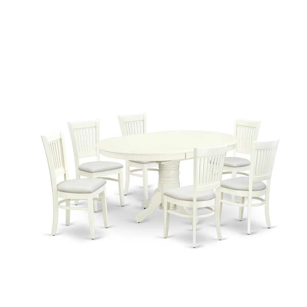 East West Furniture - AVVA7-LWH-C - 7-Piece dining table Set- 6 Dining Chairs with Linen Fabric Seat and Slatted Chair Back - Butterfly Leaf Modern Oval Dining Table - Linen White Finish. Picture 1