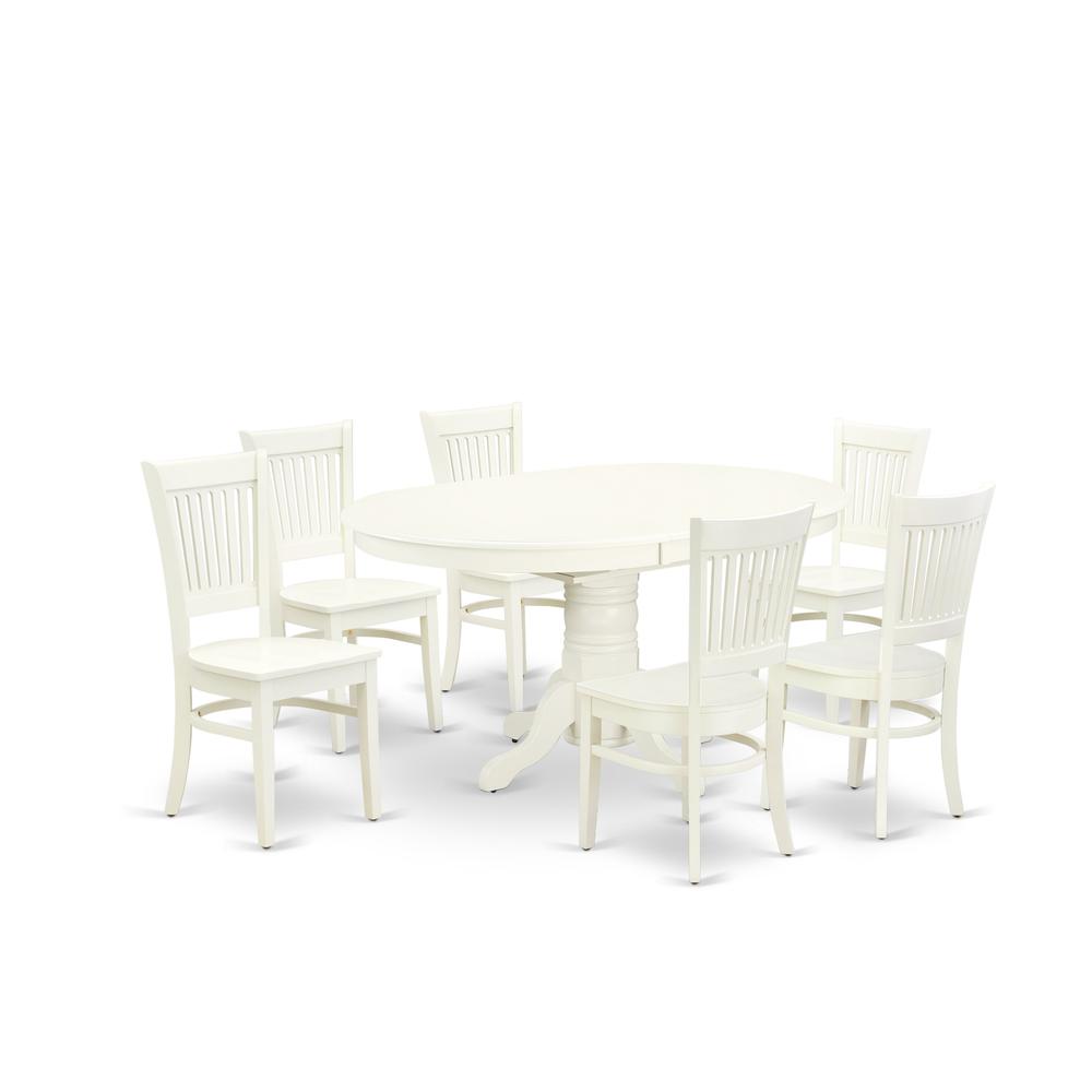 East West Furniture - AVVA7-LWH-W - 7-Piece Kitchen Table Set- 6 Modern Dining Chairs with Wooden Seat and Slatted Chair Back - Butterfly Leaf Kitchen Dining Table - Linen White Finish. Picture 1