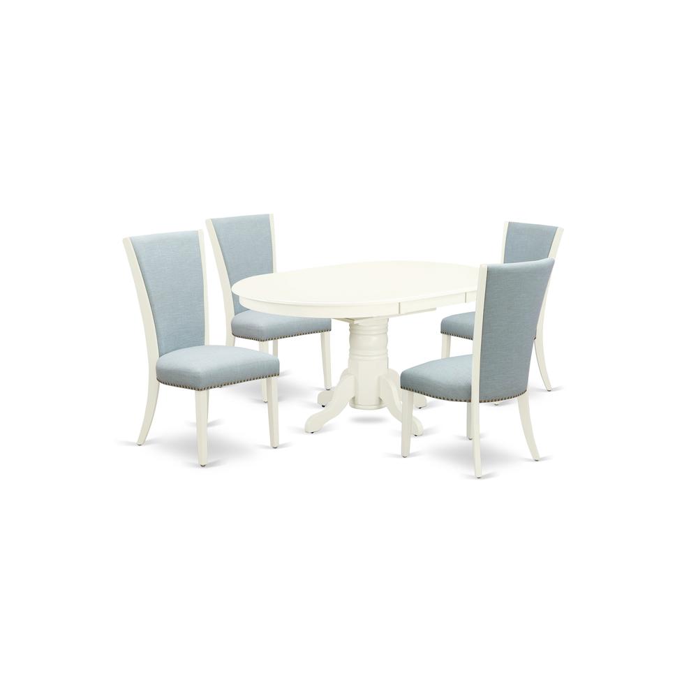 East-West Furniture AVVE5-LWH-15 - A dining room table set of 4 wonderful parson dining chairs with Linen Fabric Baby Blue color and a gorgeous 18" butterfly leaf oval dining table with Linen White co. Picture 1