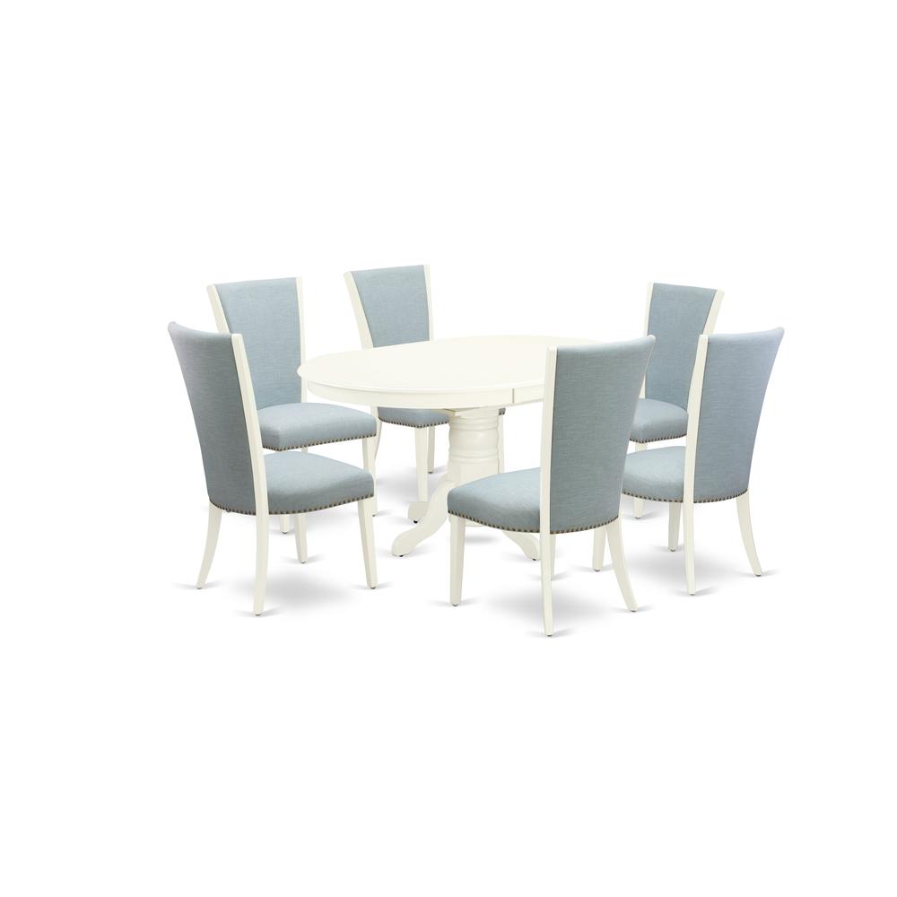 East-West Furniture AVVE7-LWH-15 - A dinette set of 6 wonderful kitchen dining chairs with Linen Fabric Baby Blue color and a wonderful 18" butterfly leaf oval dining room table with Linen White color. The main picture.
