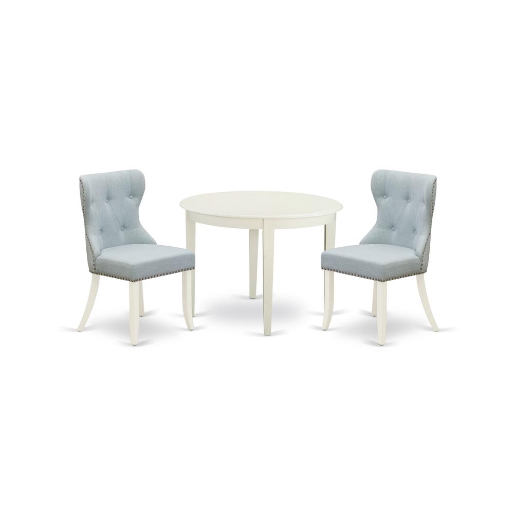 East-West Furniture BOSI3-WHI-15 - A kitchen table set of 2 wonderful kitchen chairs with Linen Fabric Baby Blue color and a lovely dinner table with Linen White color. Picture 1