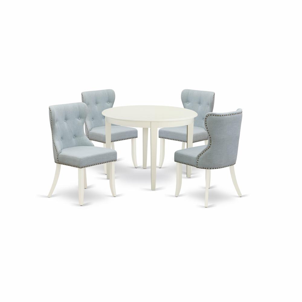 East-West Furniture BOSI5-WHI-15 - A wooden dining table set of 4 wonderful dining room chairs with Linen Fabric Baby Blue color and a gorgeous wooden dining table with Linen White color. Picture 1