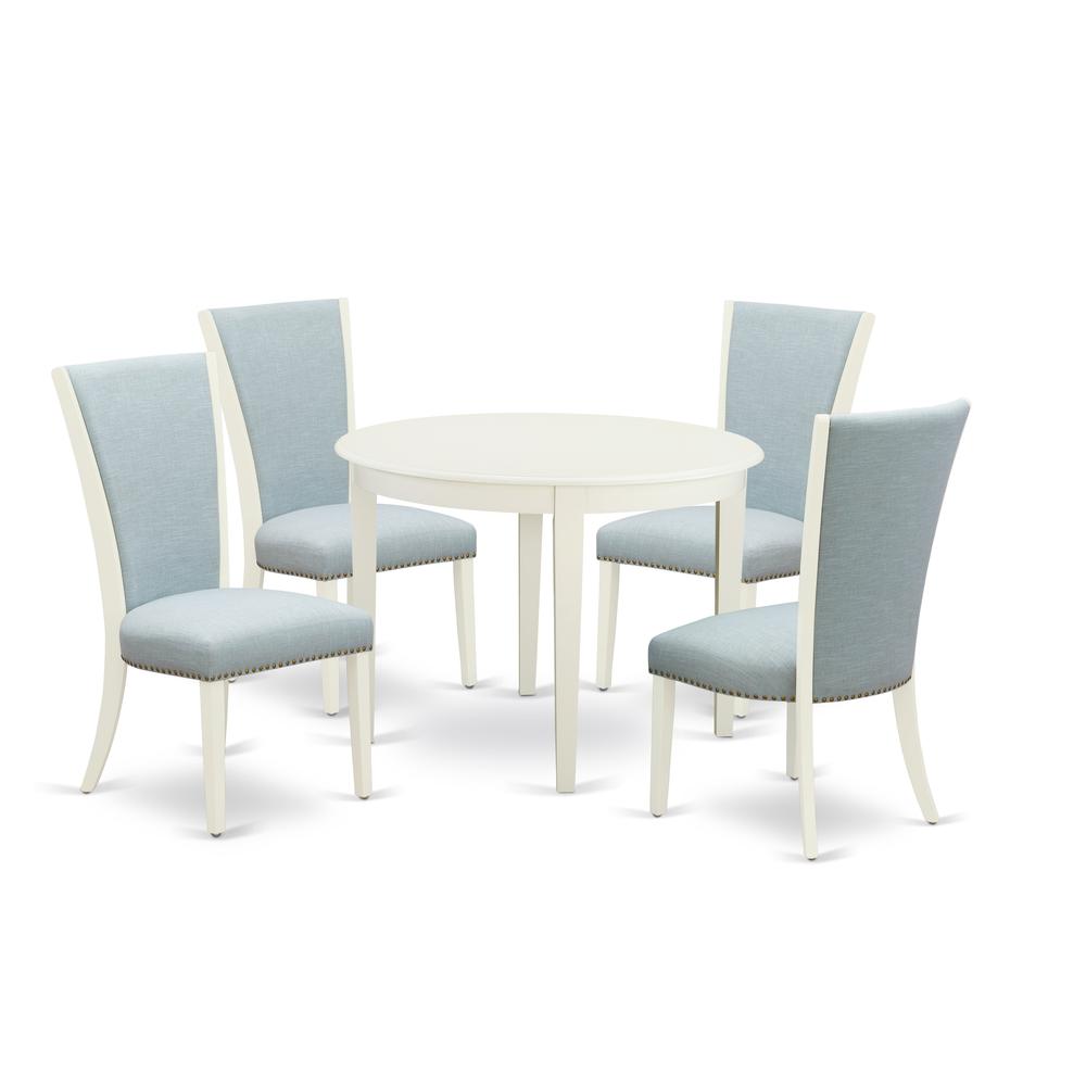 East-West Furniture BOVE5-WHI-15 - A dining room table set of 4 excellent kitchen dining chairs with Linen Fabric Baby Blue color and a gorgeous round dining table with Linen White color. Picture 1
