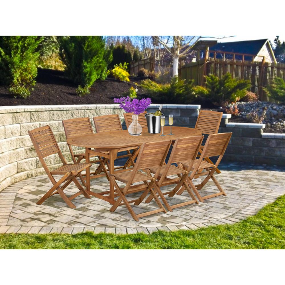 9 Piece Patio Garden Table Set Consist of an Oval Acacia Wood Table. Picture 7