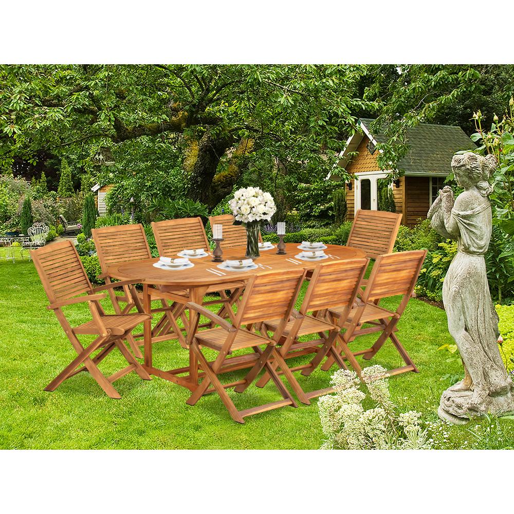 9 Piece Patio Dining Set Consist of an Oval Acacia Wood Table. Picture 7