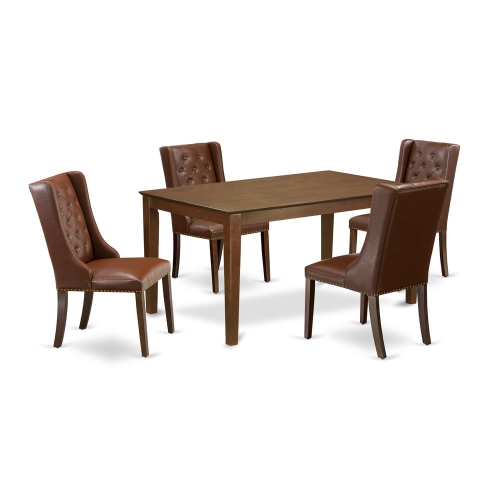 East West Furniture CAFO5-MAH-46 5-Pc Dining Room Set Includes 1 Rectangular Dining Table and 4 Brown Linen Fabric Kitchen Chairs with Button Tufted Back - Mahogany Finish. Picture 1