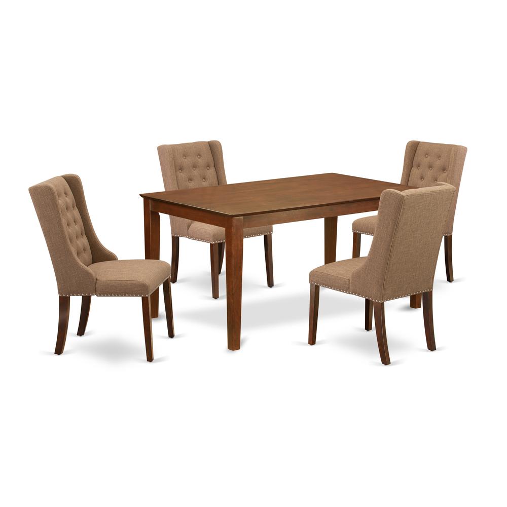 East West Furniture CAFO5-MAH-47 5-Pc Dinette Room Set Includes 1 Rectangular Dining Table and 4 Light Sable Linen Fabric dining room chairs with Button Tufted Back - Mahogany Finish. Picture 1