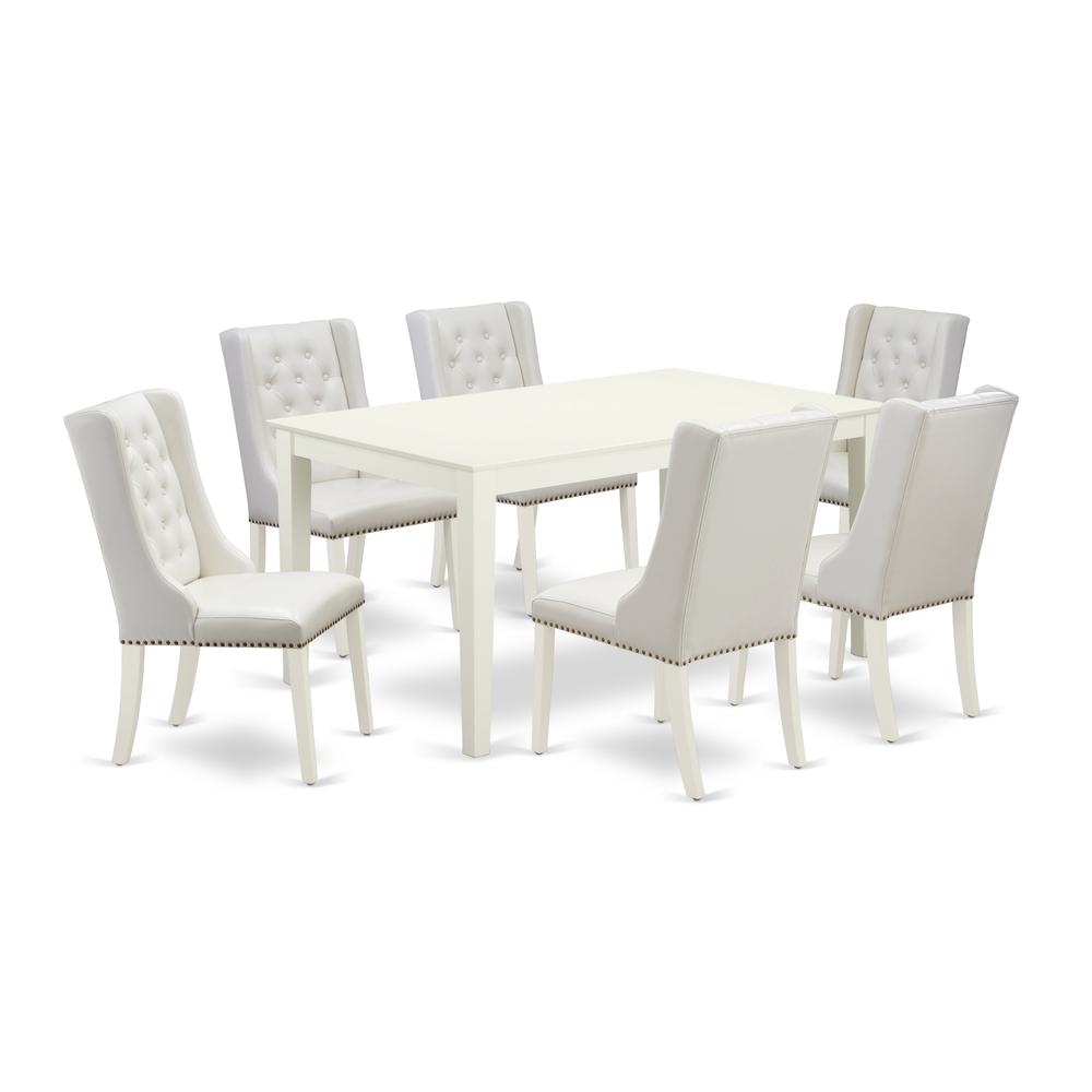 East West Furniture CAFO7-LWH-44 7-Pc Dining Room Table Set Includes 1 Rectangular Kitchen Table and 6 Light Grey Linen Fabric Dining Chairs with Button Tufted Back - Linen White Finish. Picture 1