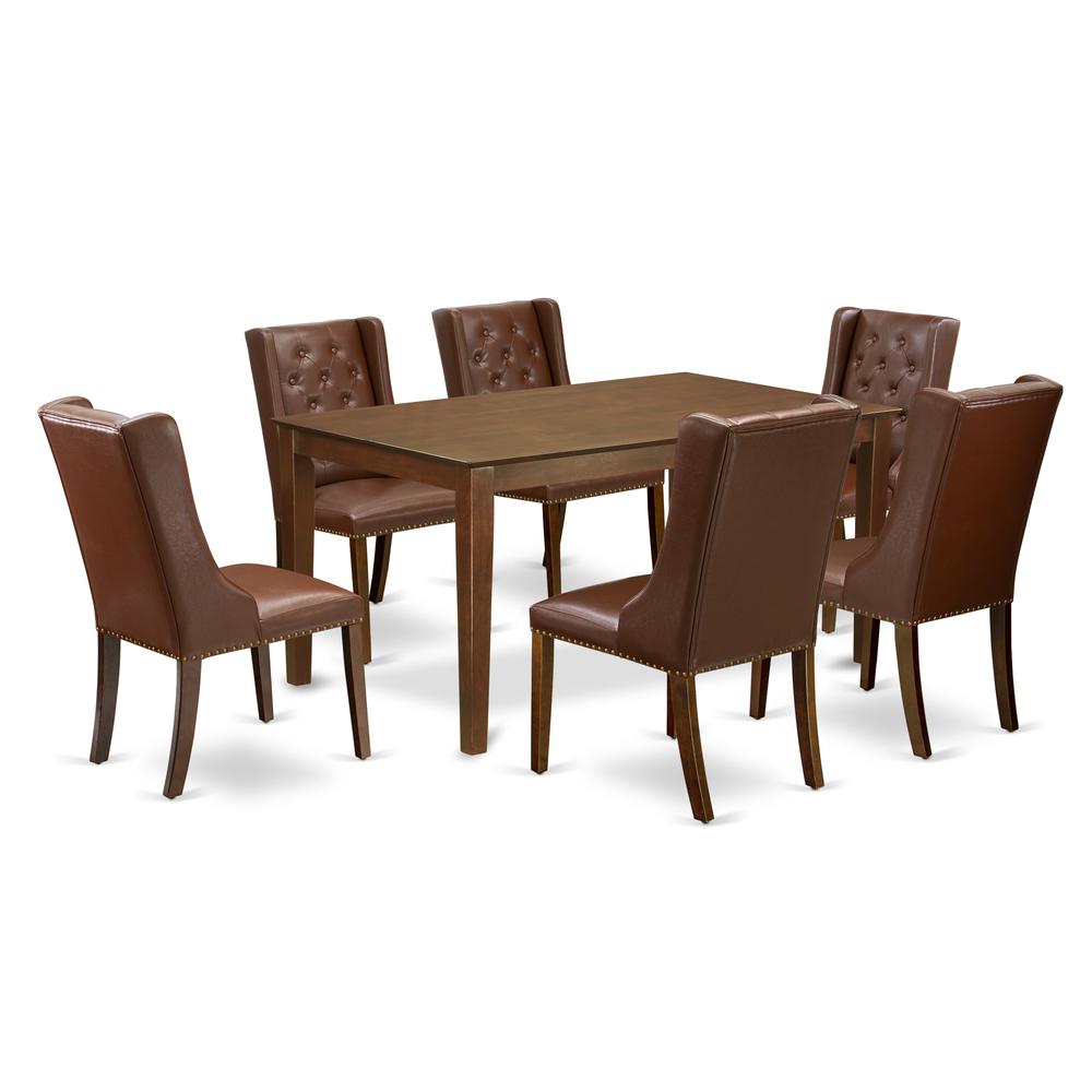East West Furniture CAFO7-MAH-46 7-Piece Modern Dining Set Includes 1 Rectangular Kitchen Dining Table and 6 Brown Linen Fabric Kitchen Chairs with Button Tufted Back - Mahogany Finish. Picture 1