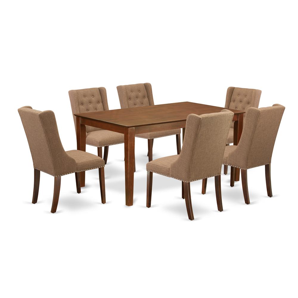 East West Furniture CAFO7-MAH-47 7-Pc Dining Room Set 6 Light Sable Linen Fabric dining room chairs with Button Tufted Back and 1 Beautiful Kitchen Dining Table - Mahogany Finish. Picture 1