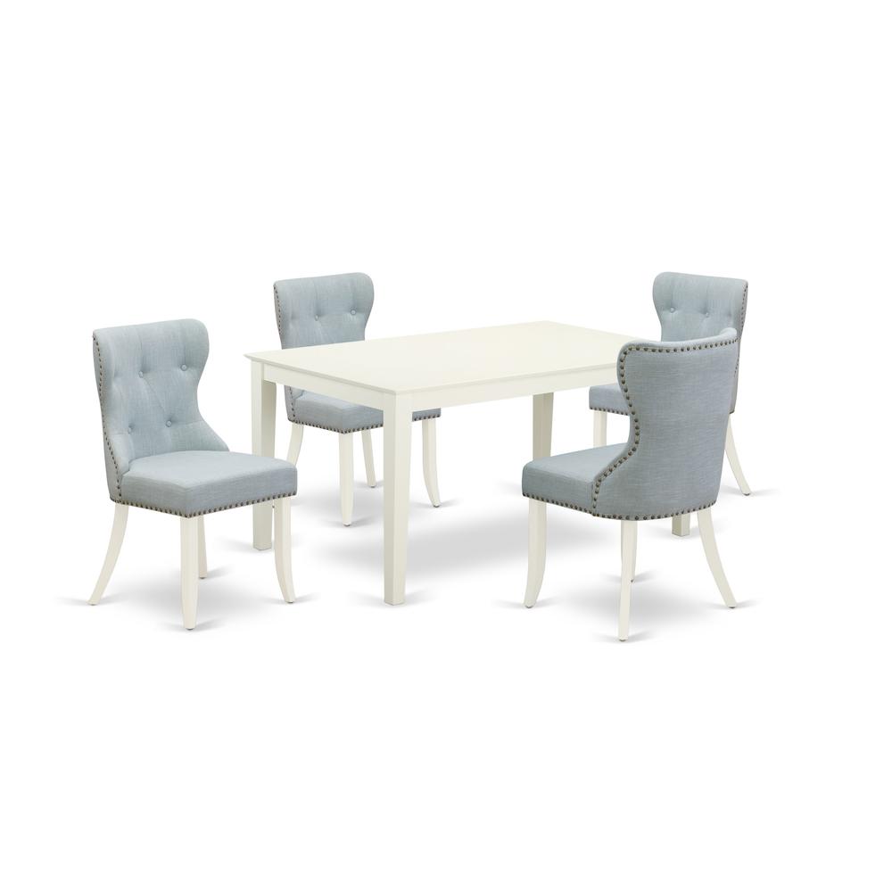 East-West Furniture CASI5-LWH-15 - A dining room table set of 4 amazing kitchen dining chairs with Linen Fabric Baby Blue color and a beautiful mid-century dining table with Linen White color. Picture 1