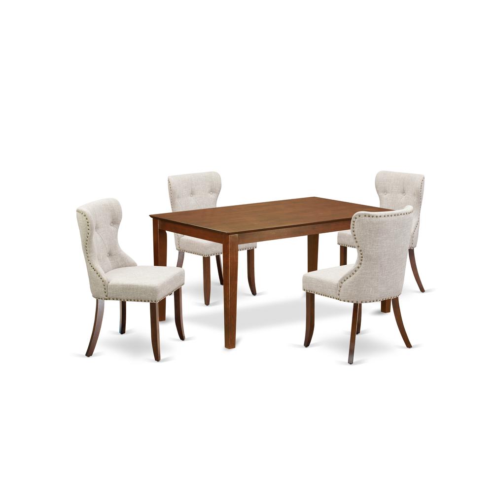 East-West Furniture CASI5-MAH-35 - A modern dining table set of 4 fantastic kitchen dining chairs with Linen Fabric Doeskin color and an attractive wood kitchen table in Mahogany Finish. Picture 1