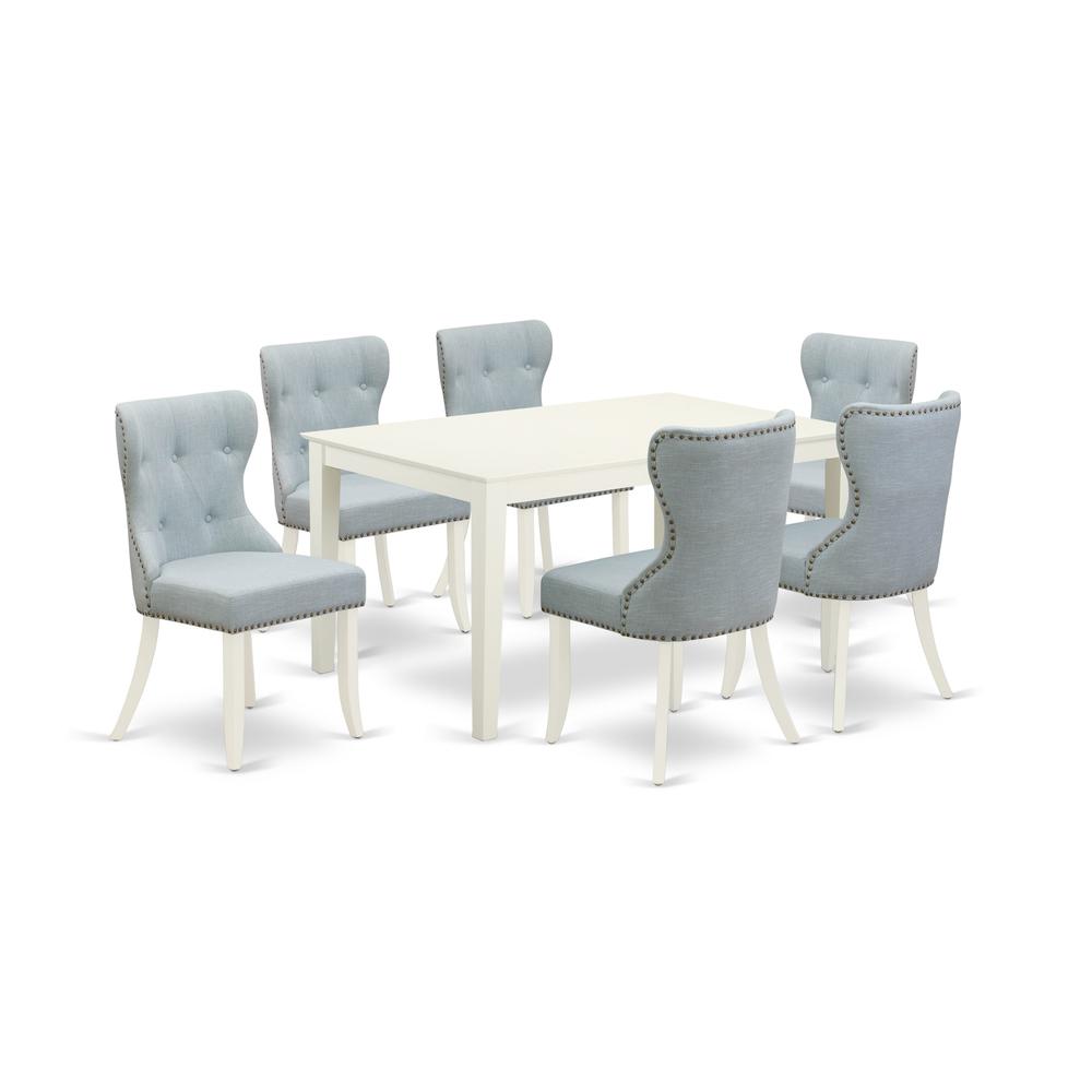 East-West Furniture CASI7-LWH-15 - A dining set of 6 fantastic dining chairs with Linen Fabric Baby Blue color and a lovely dinner table with Linen White color. Picture 1