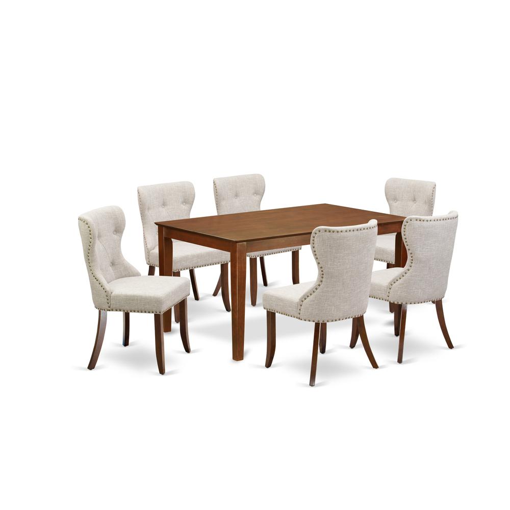 East-West Furniture CASI7-MAH-35 - A dining table set of 6 great parson chairs with Linen Fabric Doeskin color and an attractive wood table in Mahogany Finish. Picture 1