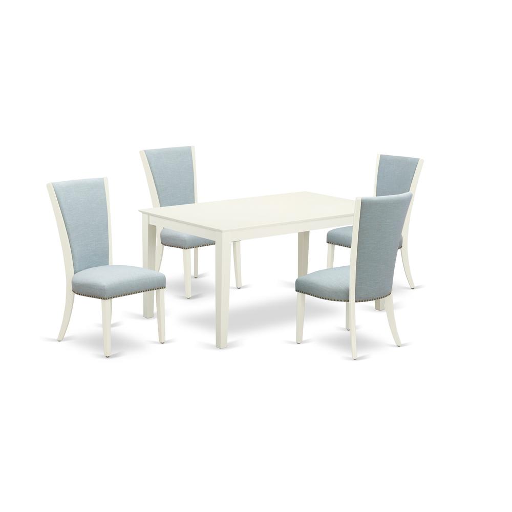 East-West Furniture CAVE5-LWH-15 - A wooden dining table set of 4 amazing indoor dining chairs with Linen Fabric Baby Blue color and a lovely mid-century dining table with Linen White color. Picture 1