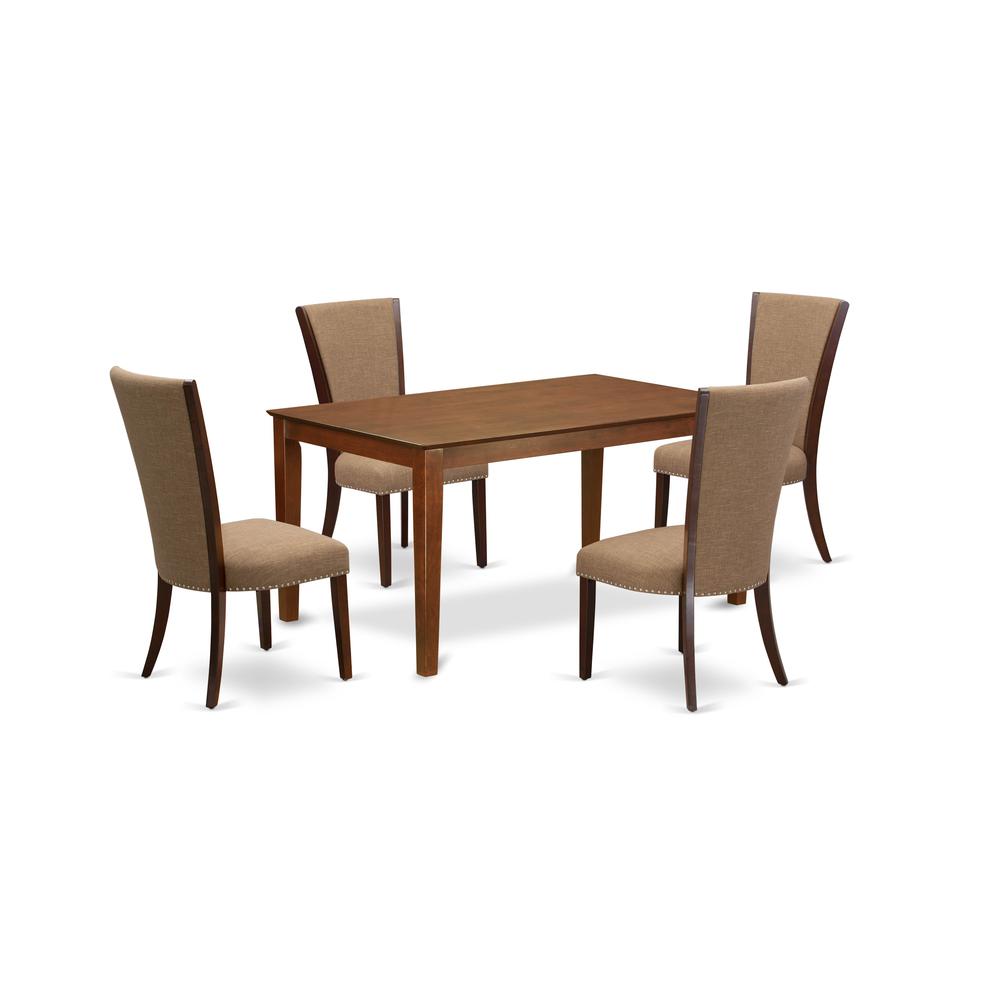East-West Furniture CAVE5-MAH-47 - A dinette set of 4 amazing kitchen dining chairs with Linen Fabric Light Sable color and a gorgeous rectangle dining table in Mahogany Finish. The main picture.