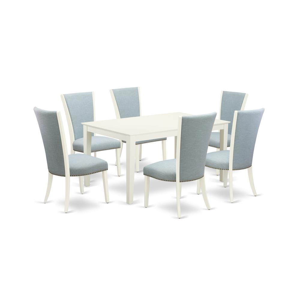 East-West Furniture CAVE7-LWH-15 - A modern dining table set of 6 wonderful parson chairs with Linen Fabric Baby Blue color and a fantastic wood table with Linen White color. Picture 1