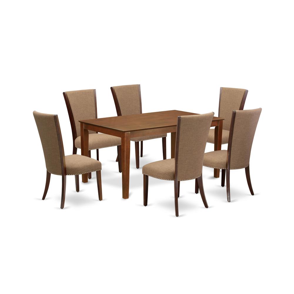 East-West Furniture CAVE7-MAH-47 - A dining room table set of 6 great indoor dining chairs with Linen Fabric Light Sable color and an attractive dinner table with Mahogany Finish. Picture 1