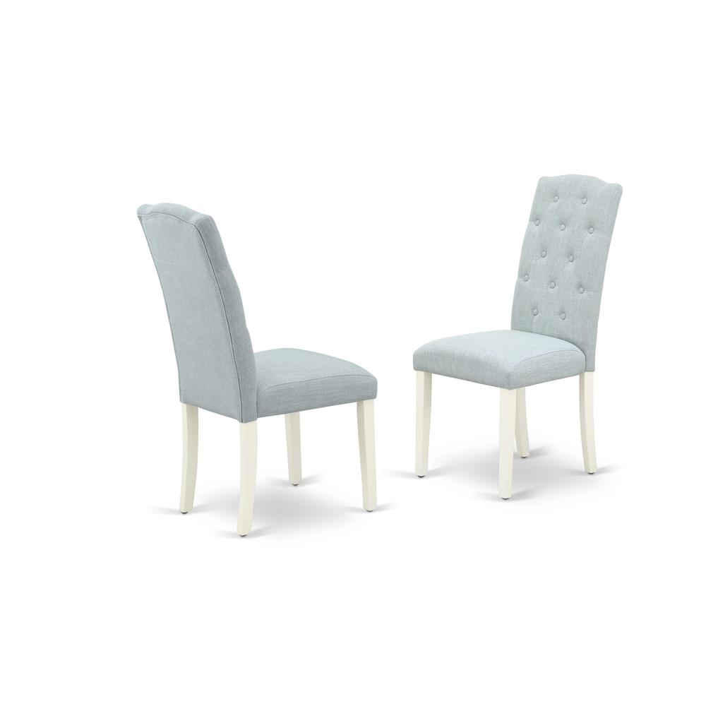 1MZCE5-LWH-15 5Pc Dinette Sets for Small Spaces Includes a Small Kitchen Table and 4 Parson Chairs with Baby Blue Color Linen Fabric, Drop Leaf Table with Full Back Chairs, Linen White Finish. Picture 6