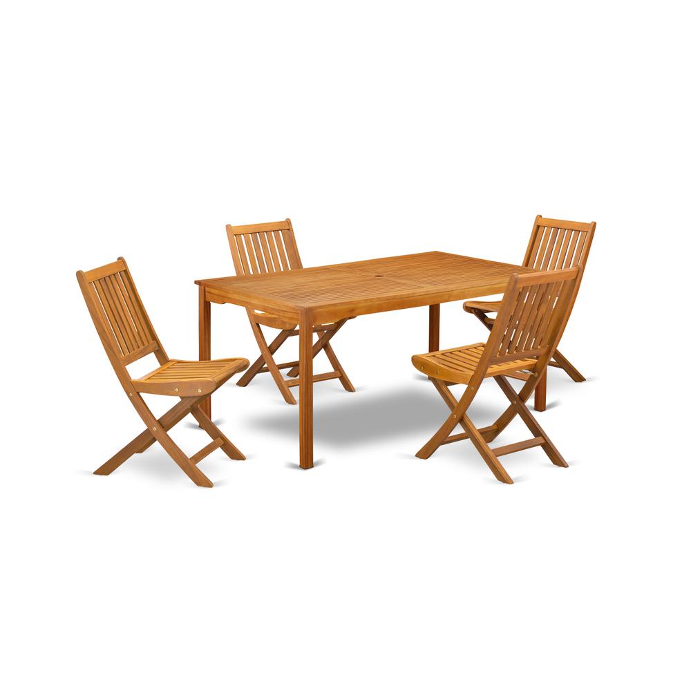 East West Furniture CMDK5CWNA 5-Pc Outdoor Coffee Table Set- 4 Outdoor Folding Chairs Slatted Back and Modern Coffee Table and Rectangle Top with Wood 4 legs - Natural Oil Finish. Picture 1