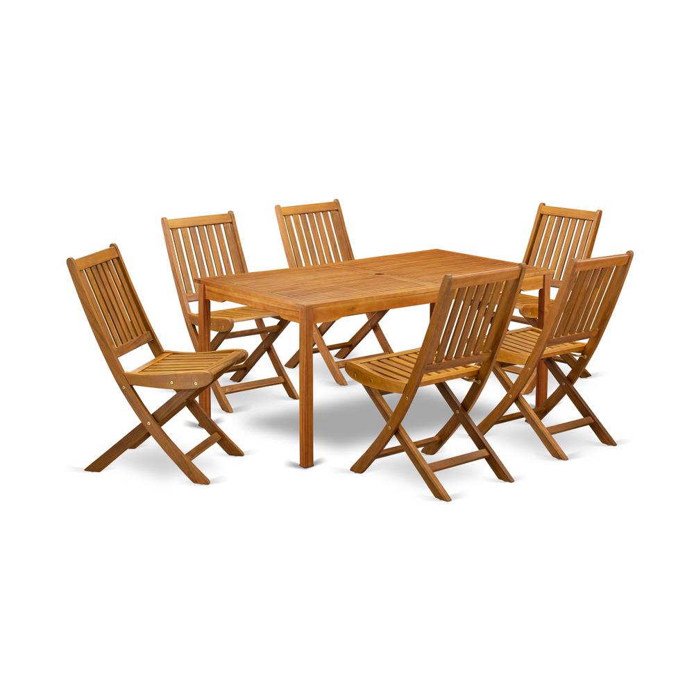East West Furniture CMDK7CWNA 7-Pc Outdoor Table Set- 6 Patio Chairs Slatted Back and Outdoor Table and Rectangular Top with Wood 4 legs - Natural Oil Finish. Picture 1