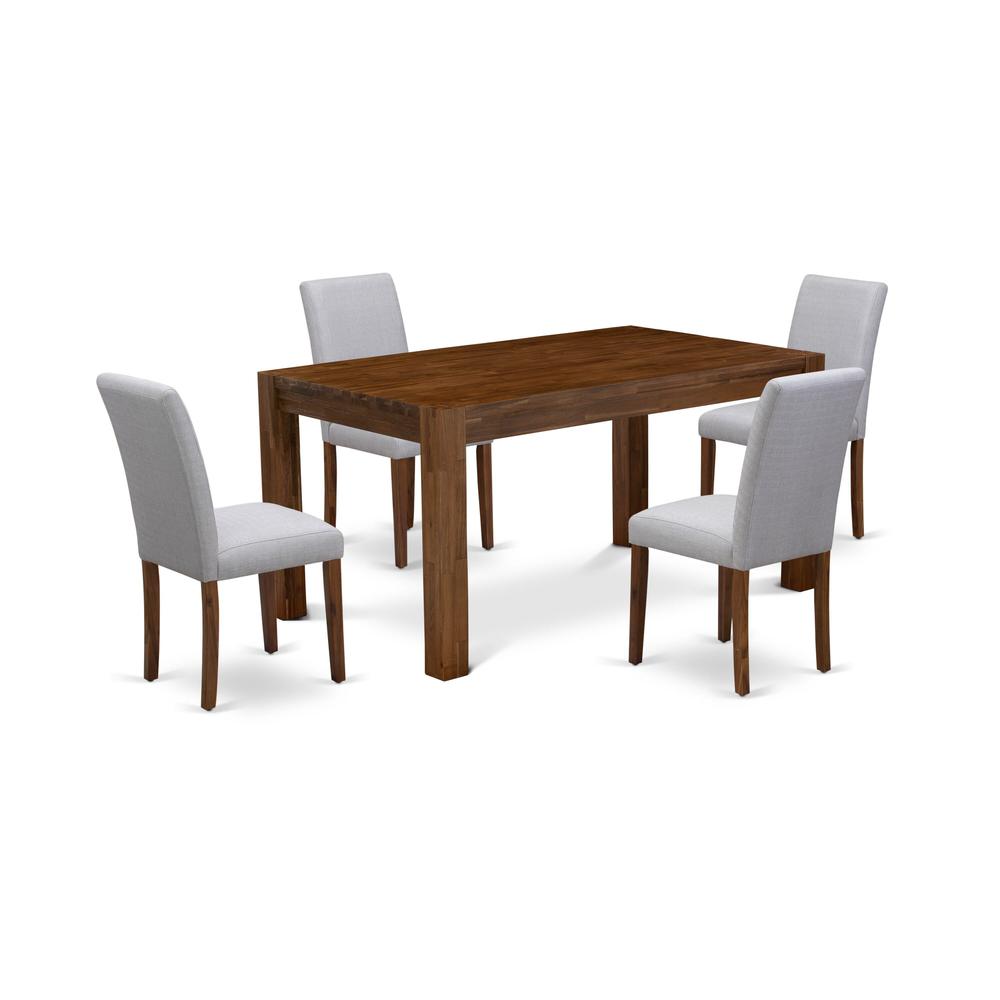 CNAB5-N8-05 - 5-Pc Modern Dining Table Set- 4 Dining Chairs and Wood Dining Table - Grey Linen Fabric Seat and High Chair Back (Antique Walnut Finish). Picture 2