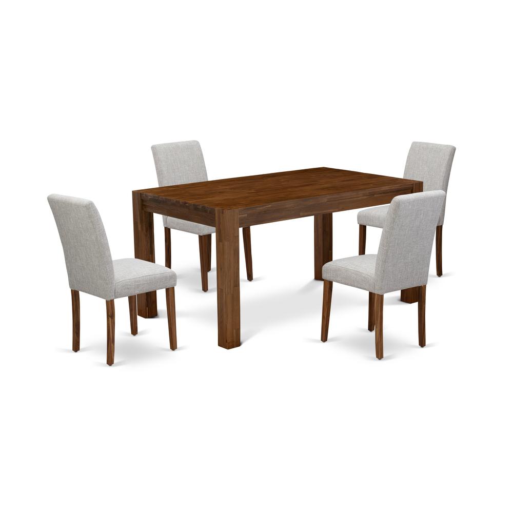 East West Furniture CNAB5-NN-35 5Pc Kitchen Set Offers a Kitchen Table and 4 Parson Chairs with Doeskin Color Linen Fabric, Medium Size Table with Full Back Chairs, Sand Blasting Antique Walnut Finish. Picture 1