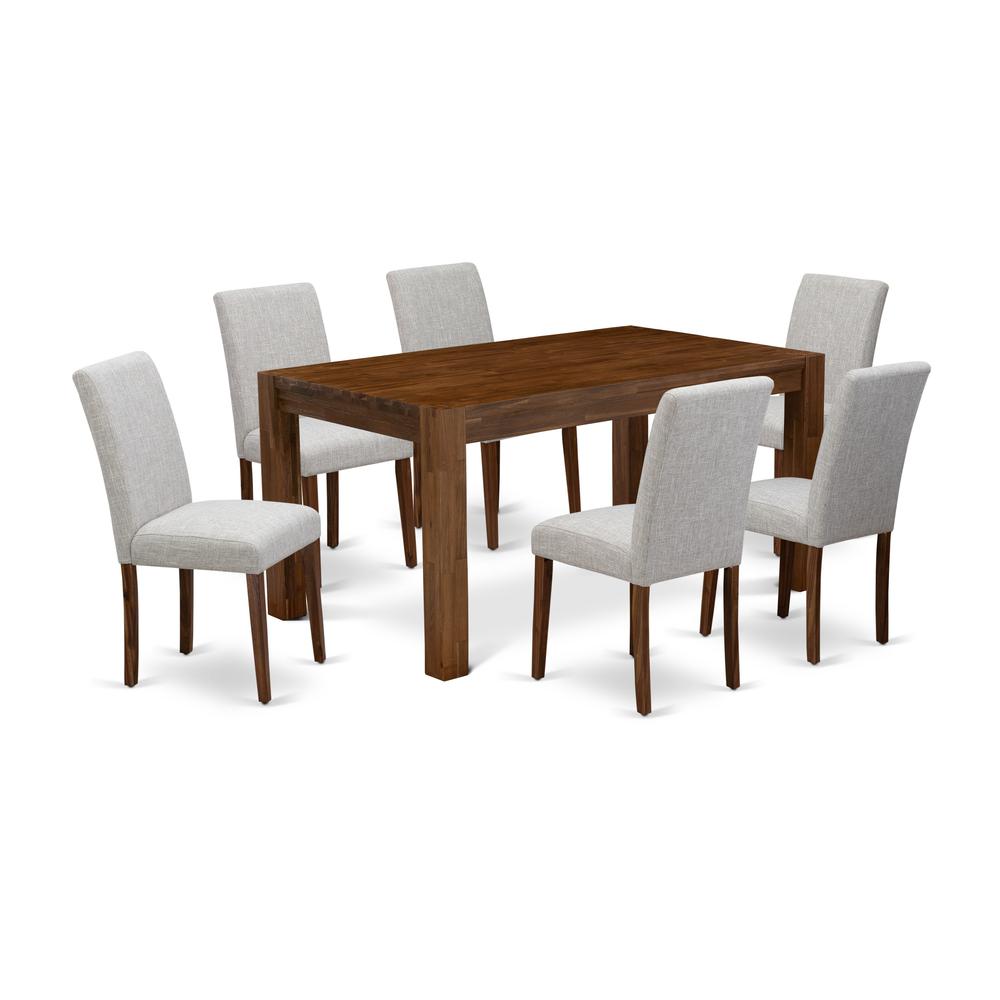 East West Furniture CNAB7-NN-35 7Pc Wood Dining Table Set Consists of a Wood Table and 6 Parsons Dining Room Chairs with Doeskin Color Linen Fabric, Medium Size Table with Full Back Chairs, Sand Blast. The main picture.