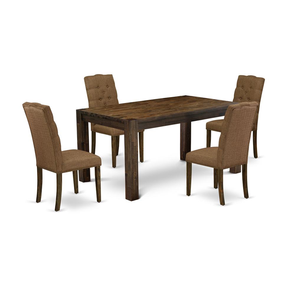 East West Furniture CNEL5-77-18 5-Pc Dining Room Table Set- 4 Dining Chair with Brown Beige Linen Fabric Seat and Button Tufted Chair Back - Rectangular Table Top & Wooden 4 Legs - Distressed Jacobean. Picture 1