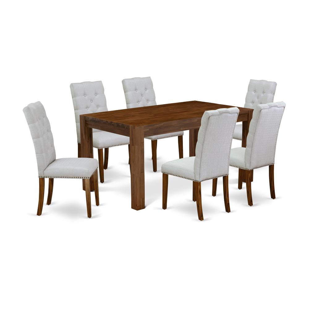 East West Furniture CNEL7-N8-05 7-Piece Dining Room Set- Parson Chairs  with Grey Linen Fabric Seat and Button Tufted Chair Back Rectangular  Table Top  Wooden legs Antique Walnut Finish