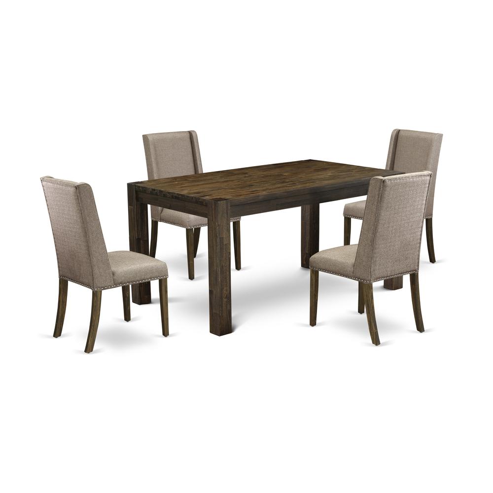 East West Furniture CNFL5-77-16 5-Pc Dining Room Table Set- 4 padded parson chairs with Dark Khaki Linen Fabric Seat and Stylish Chair Back - Rectangular Table Top & Wooden 4 Legs - Distressed Jacobea. Picture 1