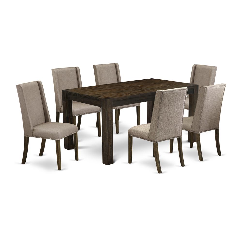 East West Furniture CNFL7-77-16 7-Piece Dining Room Set- 6 Parson Chairs with Dark Khaki Linen Fabric Seat and Stylish Chair Back - Rectangular Table Top & Wooden 4 Legs - Distressed Jacobean Finish. Picture 1