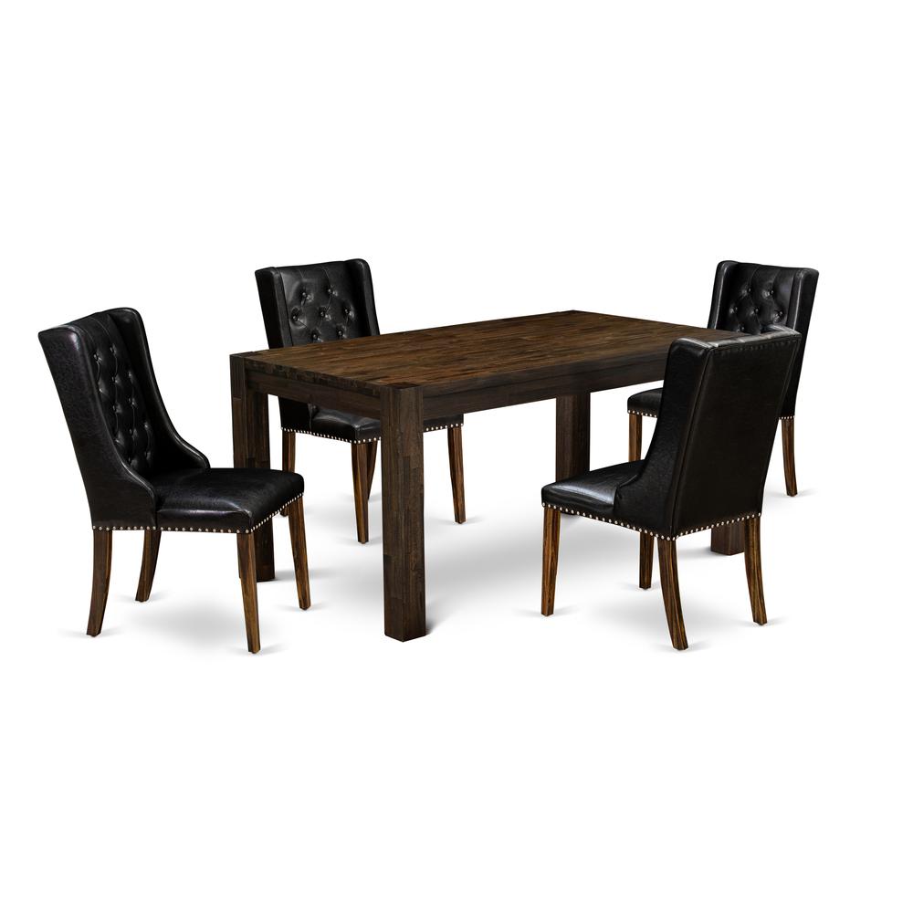East West Furniture CNFO5-77-49 5-Pc Kitchen Dining Room Set 4 Black Linen Fabric Dining Padded Chairs with Button Tufted Back and 1 Beautiful Rectangular Table - Distressed Jacobean Finish. Picture 1