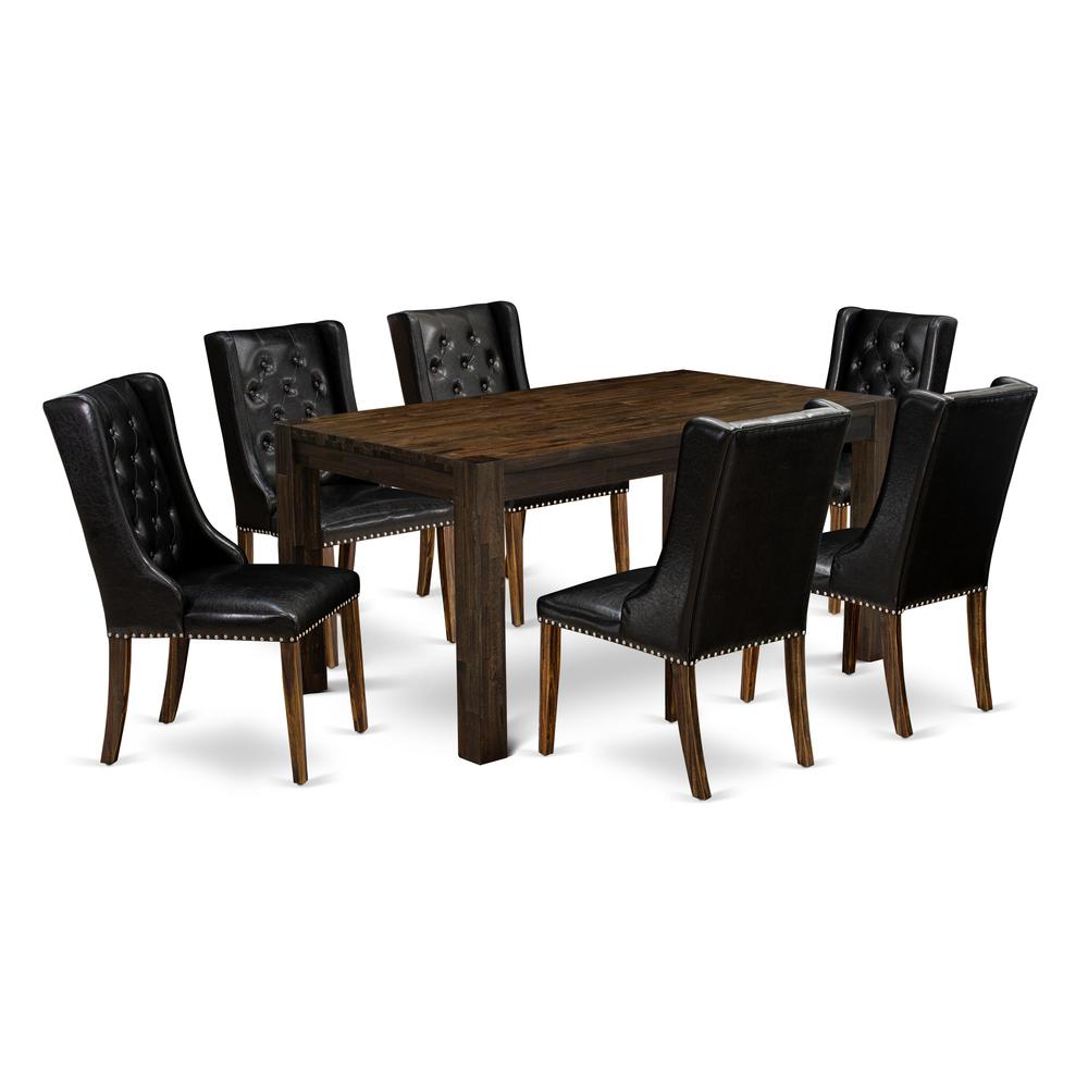 East West Furniture CNFO7-77-49 7-Pc Kitchen Room Table Set 6 Black Linen Fabric Dining Chairs with Button Tufted and 1 Stunning Kitchen Table - Distressed Jacobean Finish. Picture 1