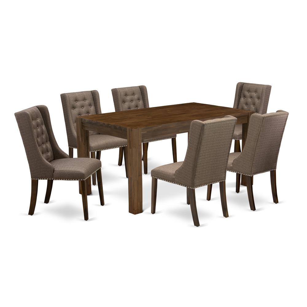 East West Furniture CNFO7-N8-18 7-Pc Kitchen Dining Table Set 6 Brown Linen Fabric Upholstered Dining Chairs with Button Tufted Back and 1 Kitchen Dining Table - Antique Walnut Finish. Picture 1