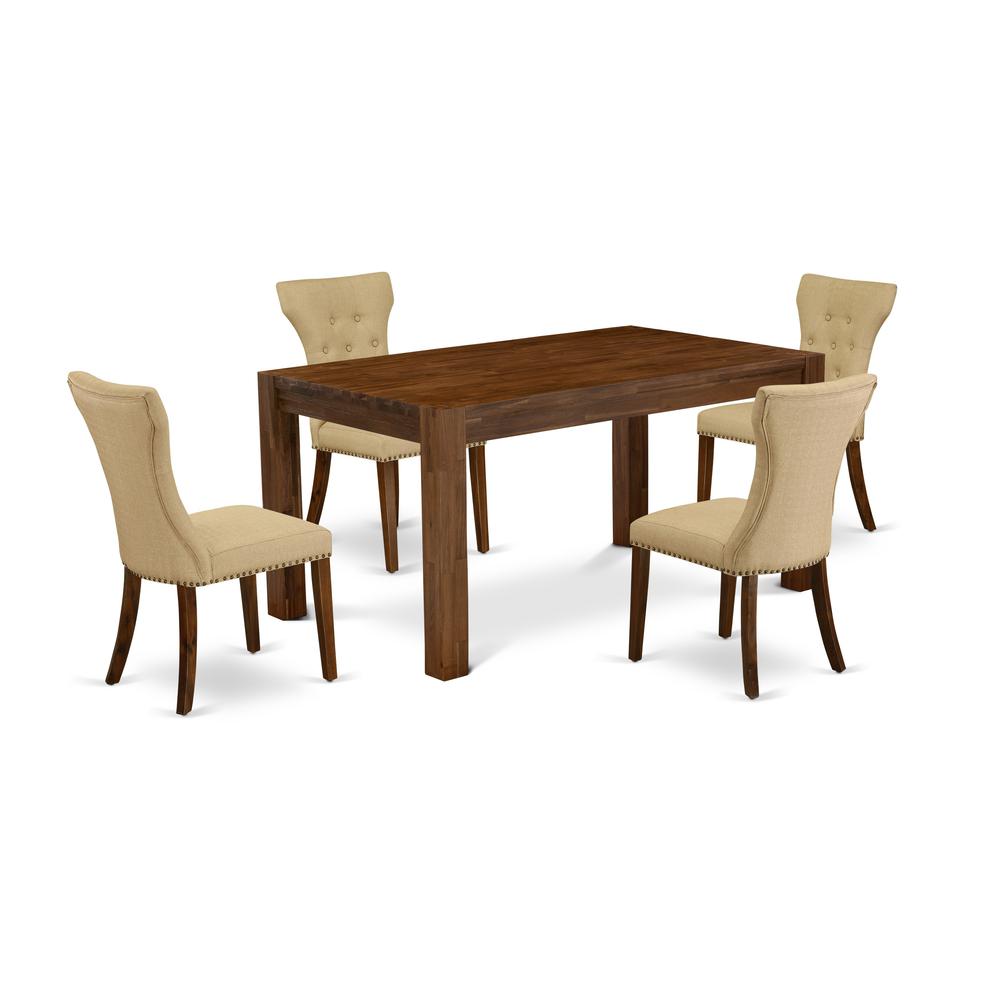 East West Furniture CNGA5-N8-03 5-Piece Dining Table Set- 4 Parson Chairs with Brown Linen Fabric Seat and Button Tufted Chair Back - Rectangular Table Top & Wooden 4 legs - Antique Walnut Finish. The main picture.