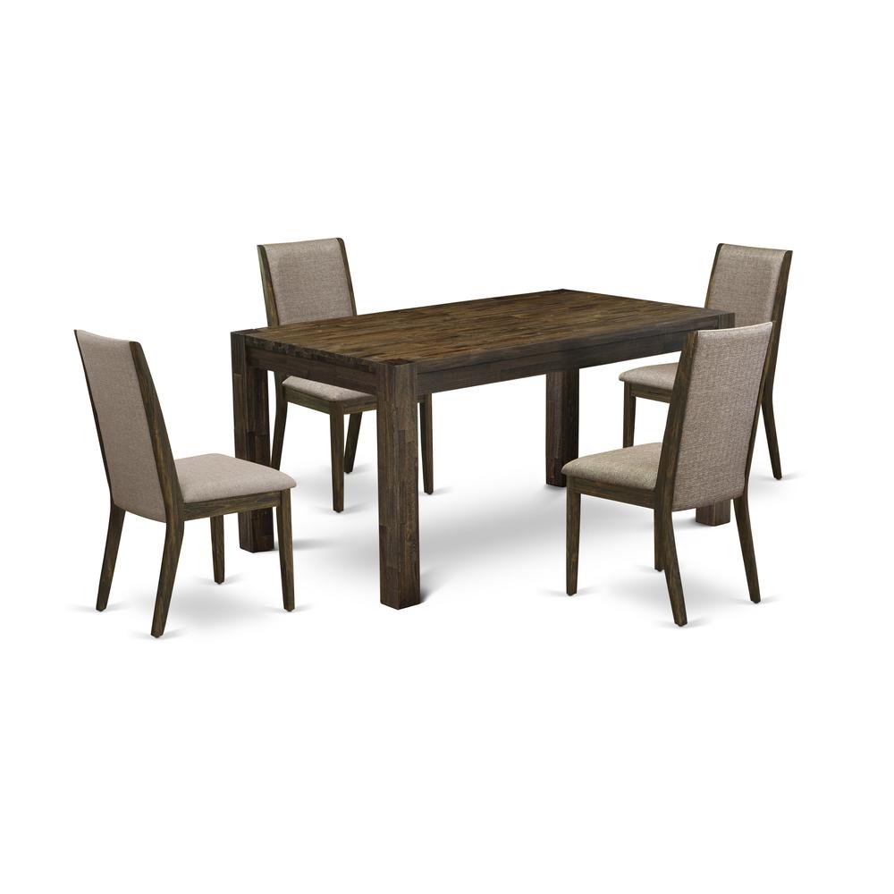 East West Furniture CNLA5-77-16 5-Pc Dinette Set- 4 Dining Room Chairs with Dark Khaki Linen Fabric Seat and Stylish Chair Back - Rectangular Table Top & Wooden 4 Legs - Distressed Jacobean Finish. Picture 1