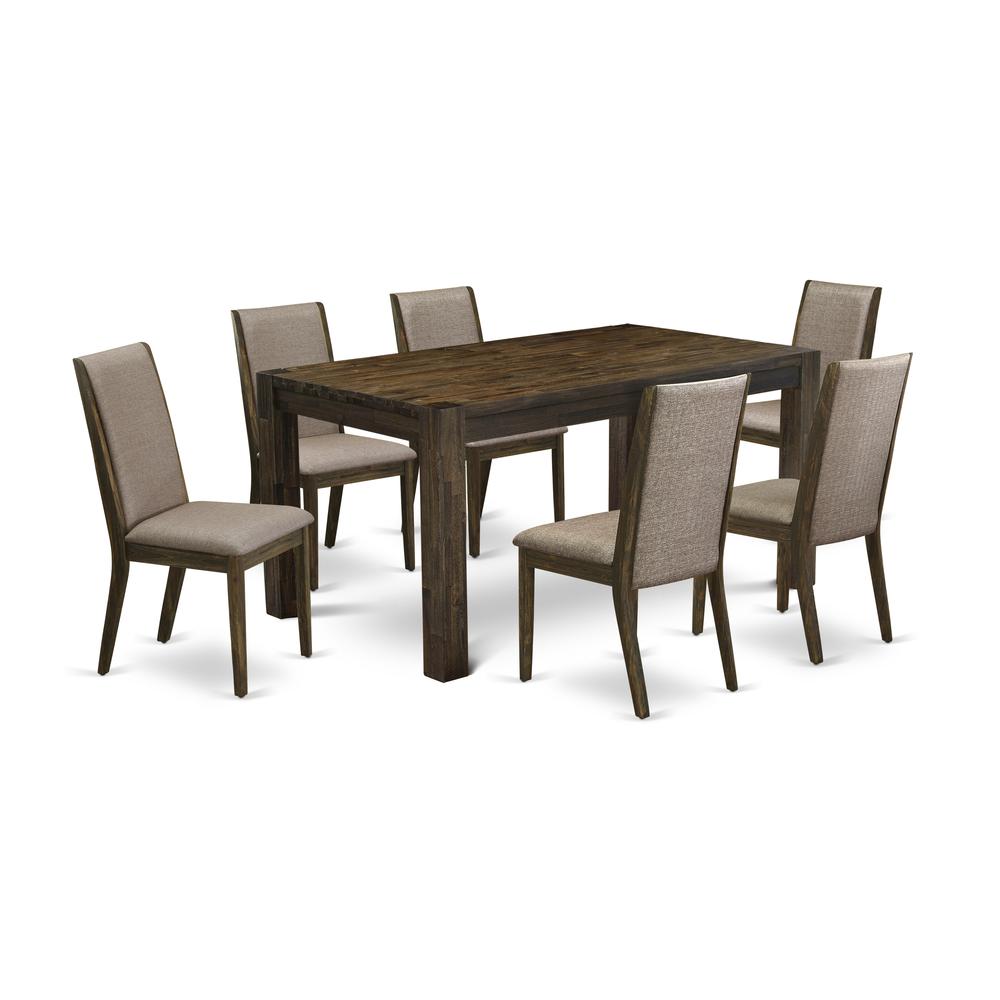 East West Furniture CNLA7-77-16 7-Pc Kitchen Dining Room Set- 6 Parson Dining Chairs with Dark Khaki Linen Fabric Seat and Stylish Chair Back - Rectangular Table Top & Wooden 4 Legs - Distressed Jacob. Picture 1