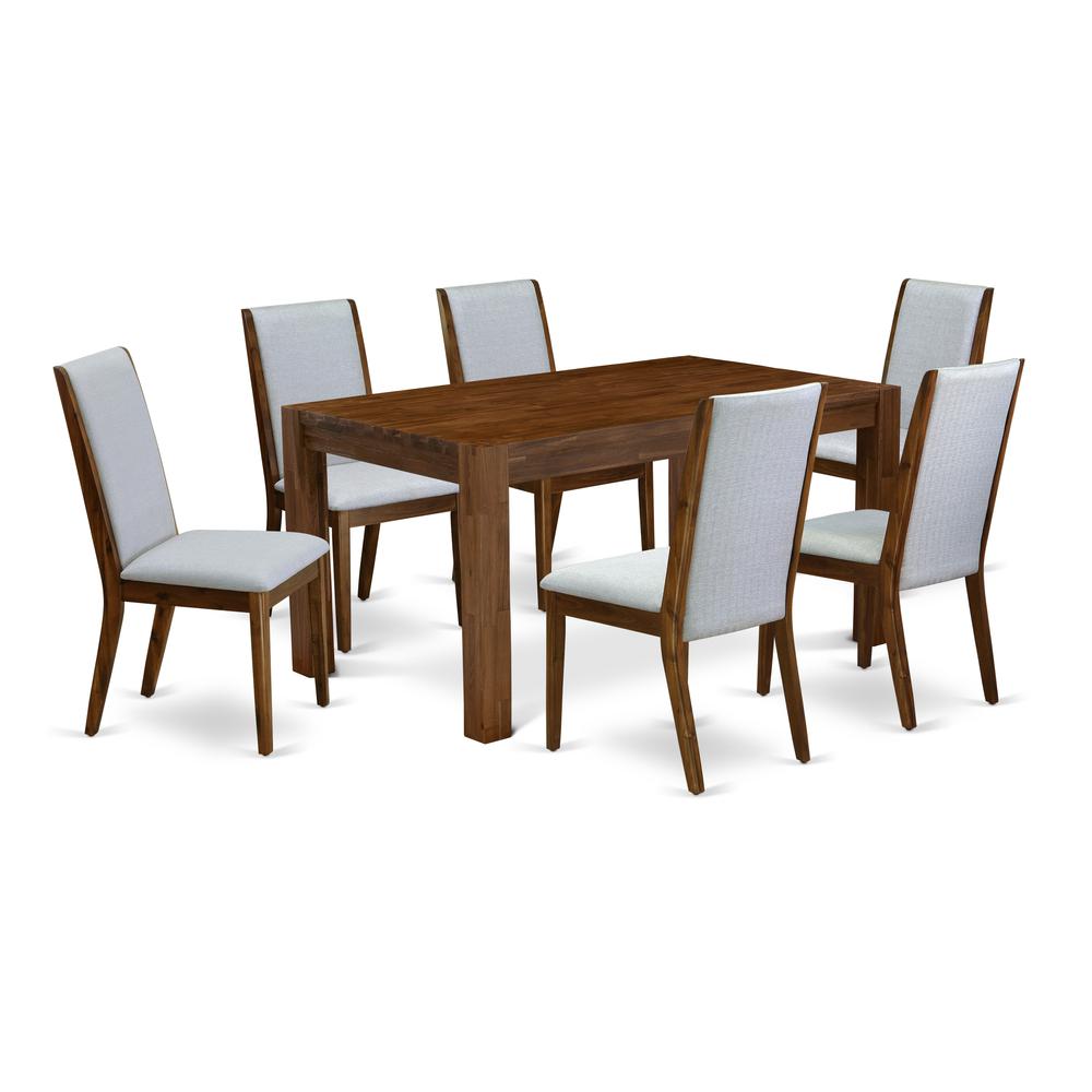 East West Furniture CNLA7-N8-05 7-Pc Dining Table Set- 6 Upholstered Dining Chairs with Grey Linen Fabric Seat and Stylish Chair Back - Rectangular Table Top & Wooden 4 Legs - Antique Walnut Finish. Picture 1