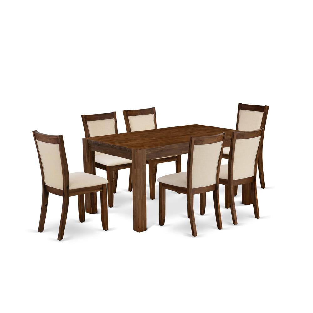 East West Furniture 7-Pcs Dining Set - A Wood Dining Table and 6 Light Beige Linen Fabric Mid Century Chairs with Stylish High Back - (Sand Blasting Antique Walnut Finish). Picture 2