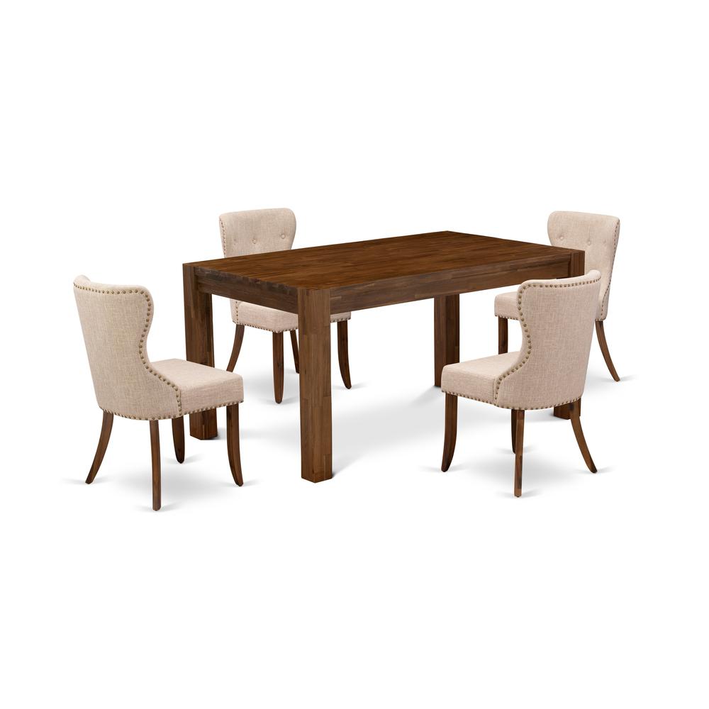 East West Furniture CNSI5-N8-04 5-Pc Dining Room Table Set- 4 Parson Dining Chairs with Light Tan Linen Fabric Seat and Button Tufted Chair Back - Rectangular Table Top & Wooden 4 Legs - Antique Walnu. Picture 1