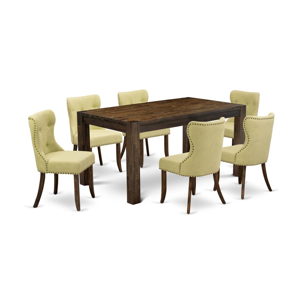 East West Furniture CNSI7-77-37 7-Pc Modern Dining Table Set- 6 Parson Dining Chairs with Limelight Linen Fabric Seat and Button Tufted Chair Back - Rectangular Table Top & Wooden 4 Legs - Distressed. Picture 1