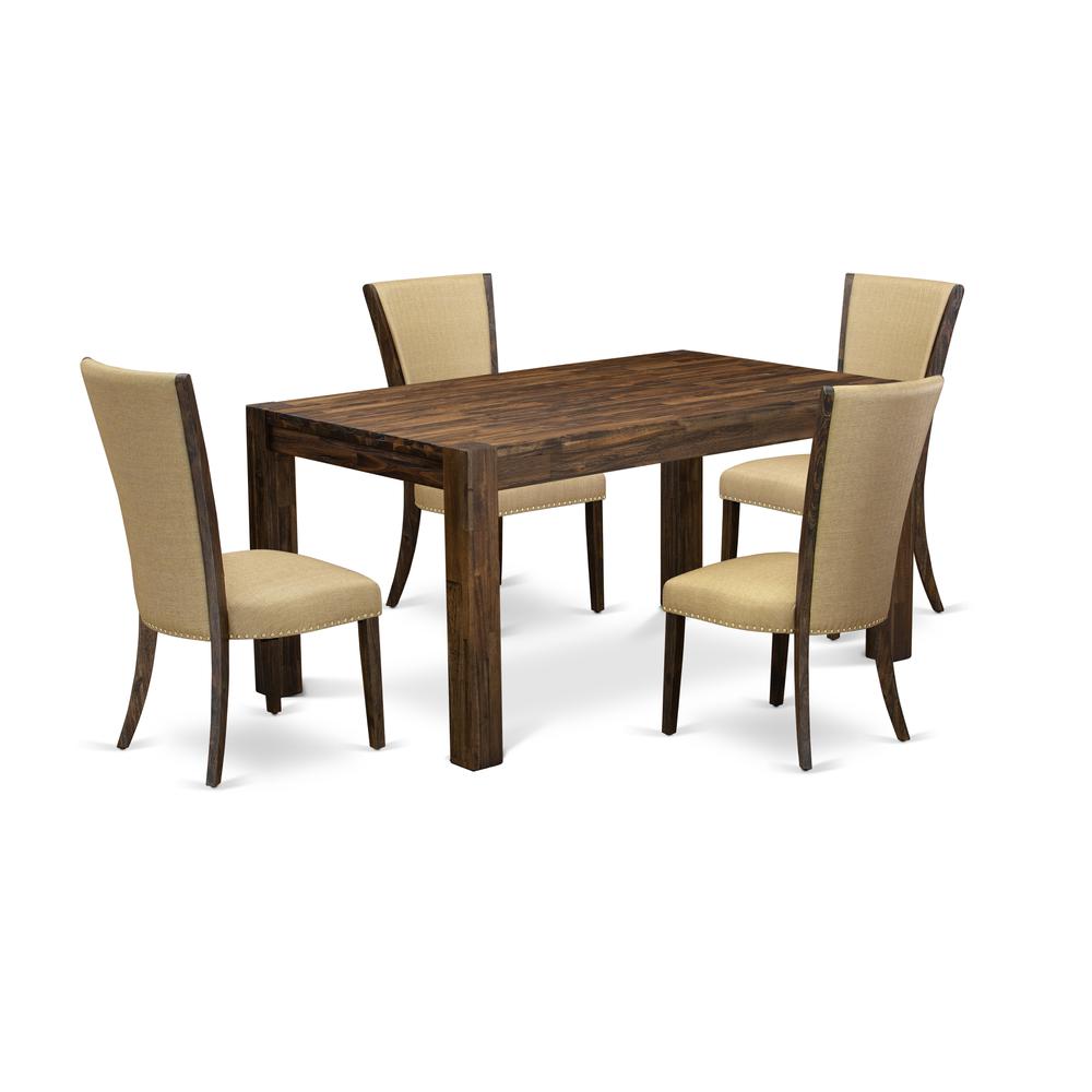 East West Furniture - CNVE5-77-03 - 5-Pc Dining Room Set- 4 Parson Dining Chairs and Modern Dining Room Table - Brown Linen Fabric Seat and High Chair Back - Distressed Jacobean Finish. Picture 1
