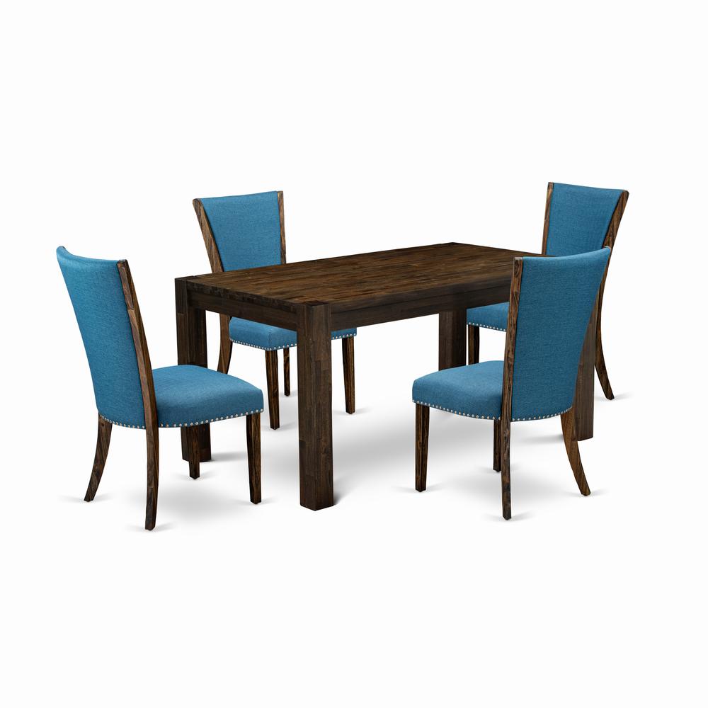 East West Furniture - CNVE5-77-21 - 5-Pc Dining Room Table Set- 4 Parson Chairs and Modern Rectangular Dining Table - Blue Linen Fabric Seat and High Chair Back - Distressed Jacobean Finish. Picture 1
