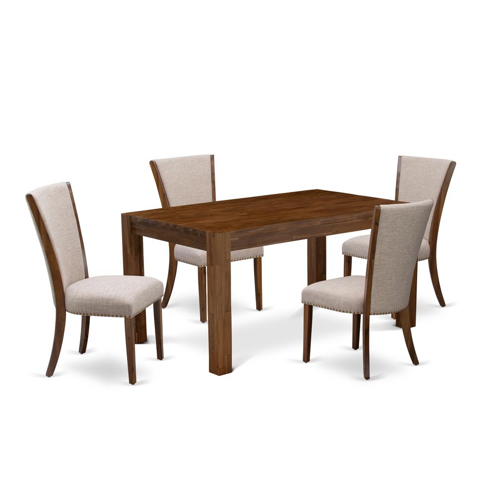 East West Furniture - CNVE5-N8-04 - 5-Pc Modern Dining Table Set- 4 Parson Dining Chairs and Dining Room Table - Light Tan Linen Fabric Seat and High Chair Back - Antique Walnut Finish. Picture 1