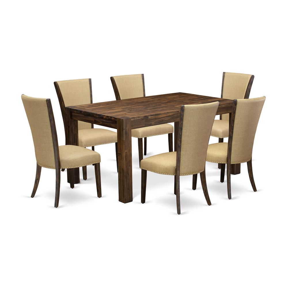 East West Furniture - CNVE7-77-03 - 7-Pc Modern Dining Table Set- 6 Parson Dining Chairs and Dining Table - Brown Linen Fabric Seat and Stylish Chair Back - Distressed Jacobean Finish. Picture 1